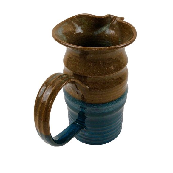 Art Studio Pottery Pitcher Blue Brown Color Block Handle Pour Spout Signed - Picture 8 of 10